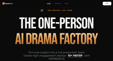 Popshort.AI homepage promoting its AI production platform for helping solo creators produce short drama videos - as featured in our Popshort.AI review.